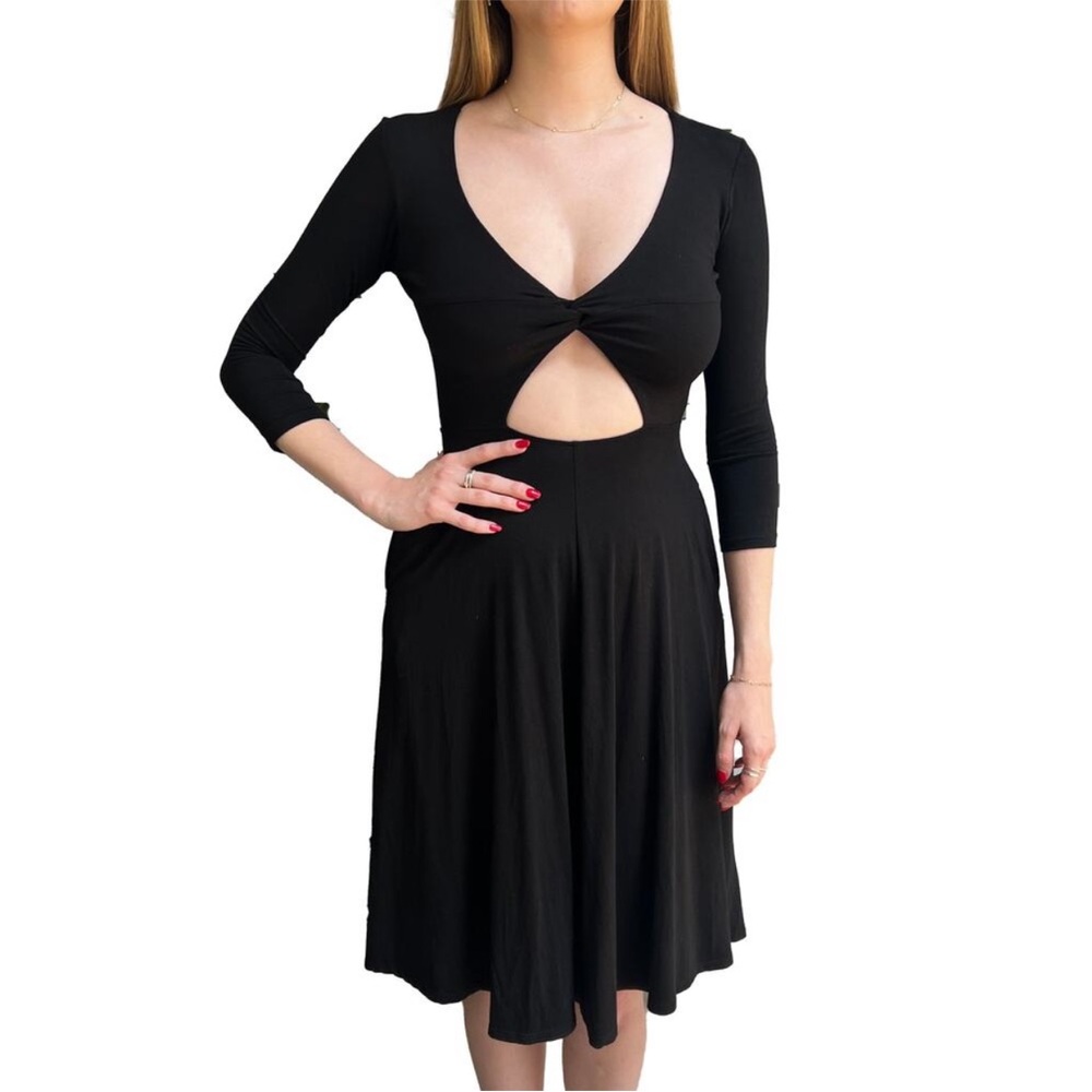 Reformation Black Quarter Sleeve Modal Blend Cut-Out Twist Front Dress